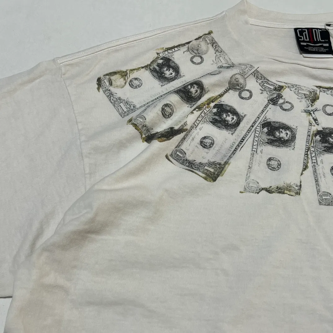 SAINT Mxxxxxx MONEY TEE/WHT dollar necklace, retro short-sleeved, off-white S-XL, ready-to-wear, washed and distressed, authentic level printing, correct accessories/with little angel logo